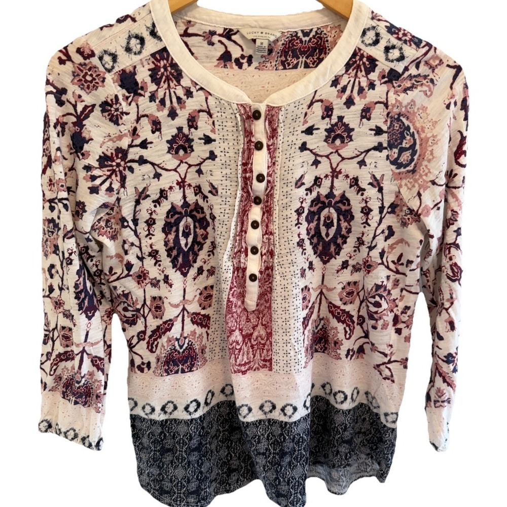 Lucky Brand Floral Boho Henley Top Women's Medium 3/4 Sleeve Peasant Shirt